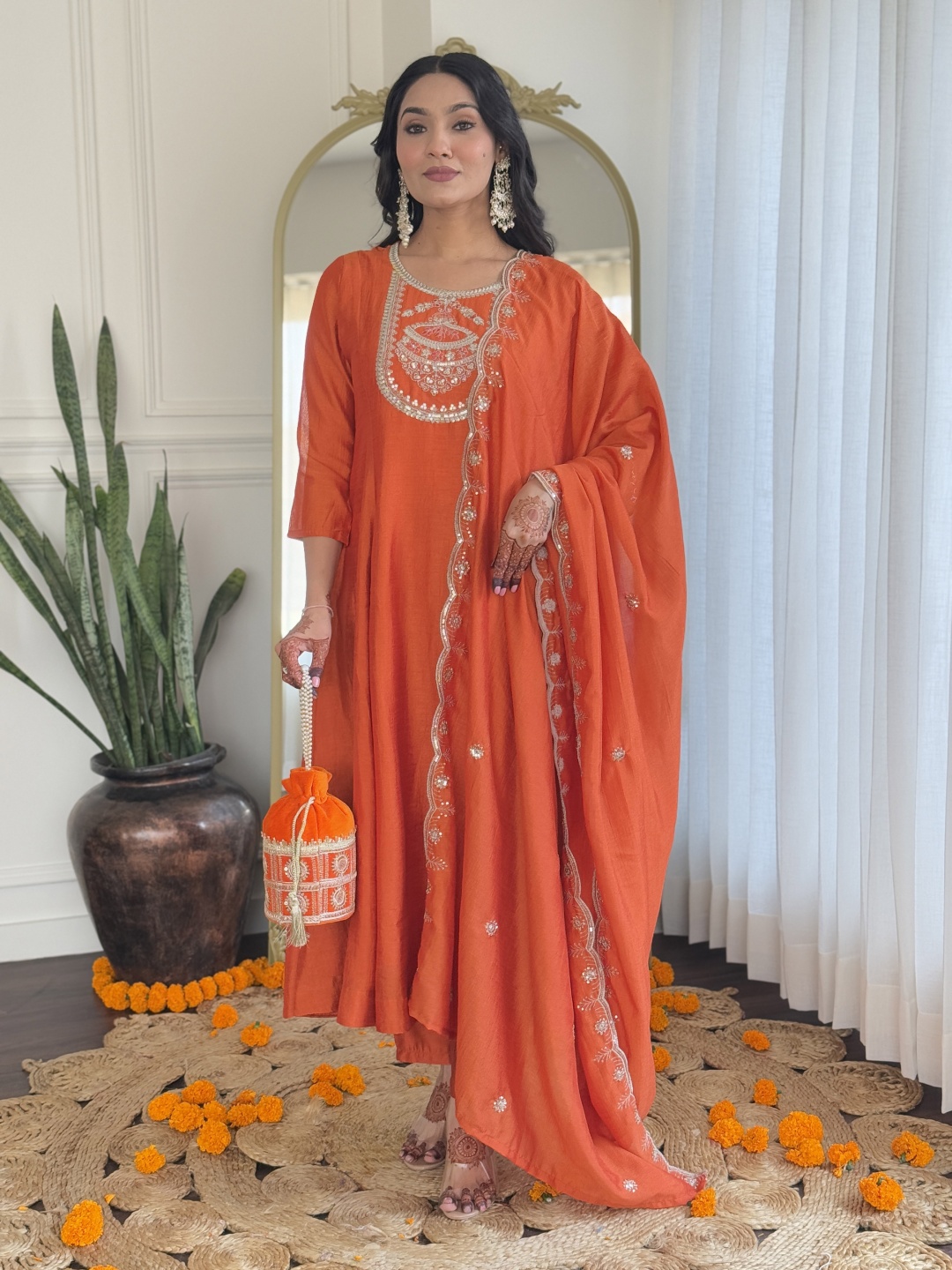 

BAESD Floral Embroidered Sequinned Anarkali Kurta with Trousers And Dupatta, Orange