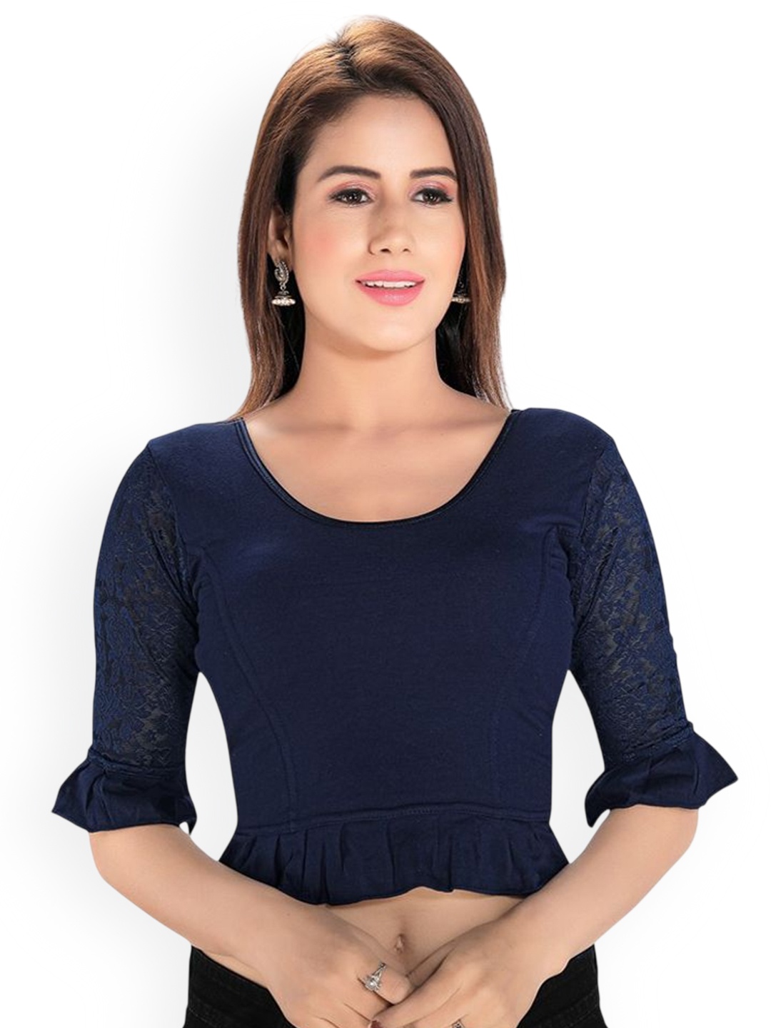 

Mmore Round Neck Stretchable Saree Blouse, Navy blue
