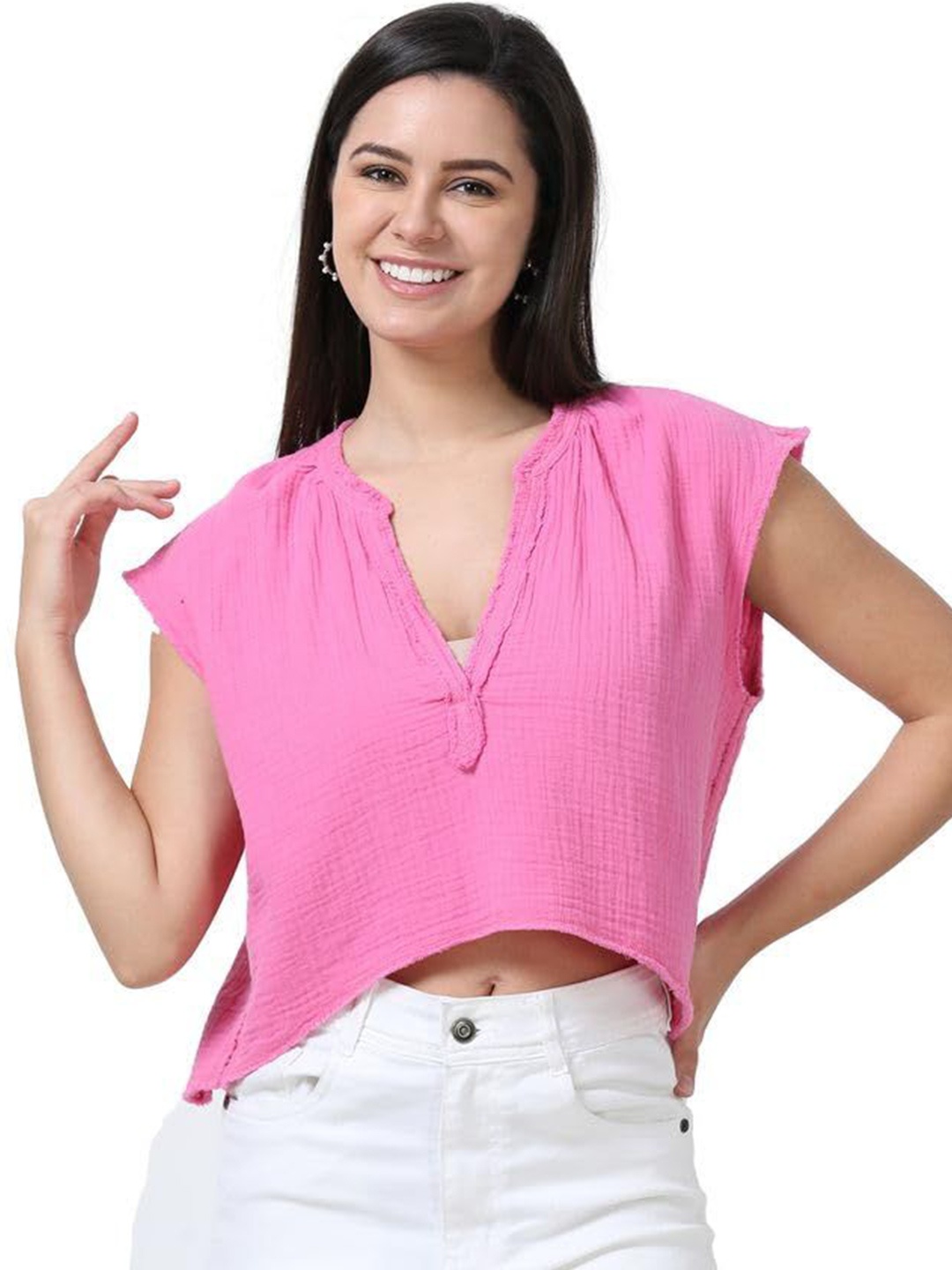 

GLAM & CHIQUE V neck Sleeveless Cotton Crop Top, Pink