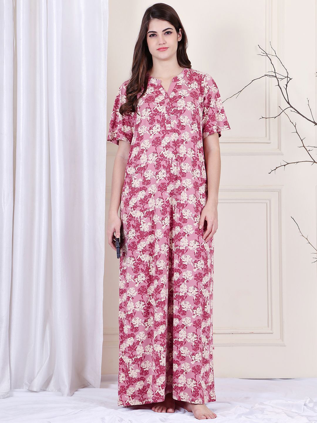 

Kanvin Women Printed Mandarin Collar Nightdress, Pink