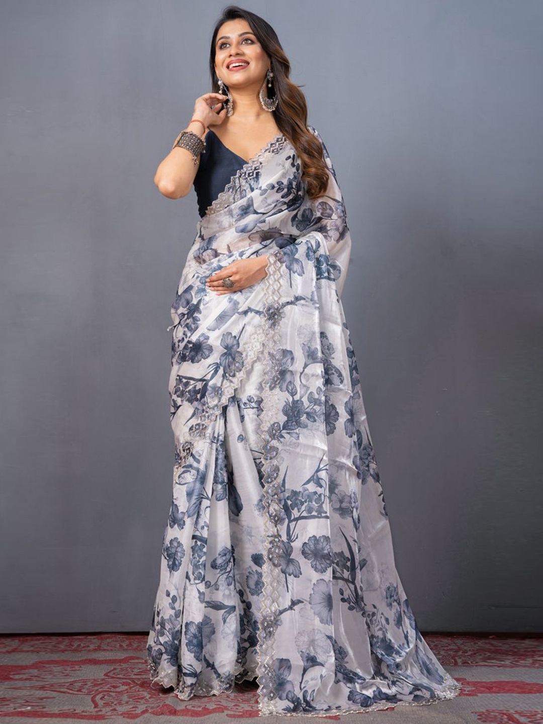

KAJREE Floral Beads and Stones Satin Block Print Saree, White