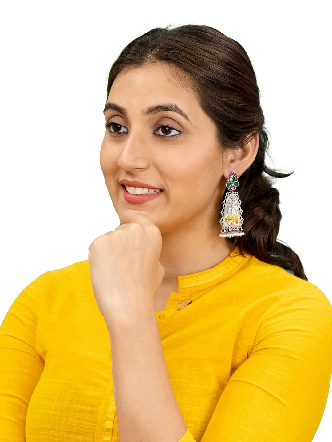 

Shining Jewel -By Shivansh Silver-Plated CZ Studded Elephant Shaped Drop Earrings