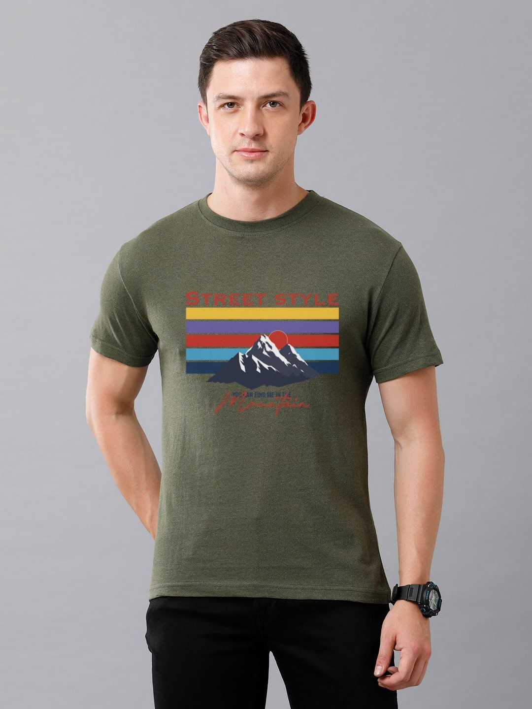 

Moda Rapido Men Graphic Printed Round Neck Cotton T-shirt, Olive