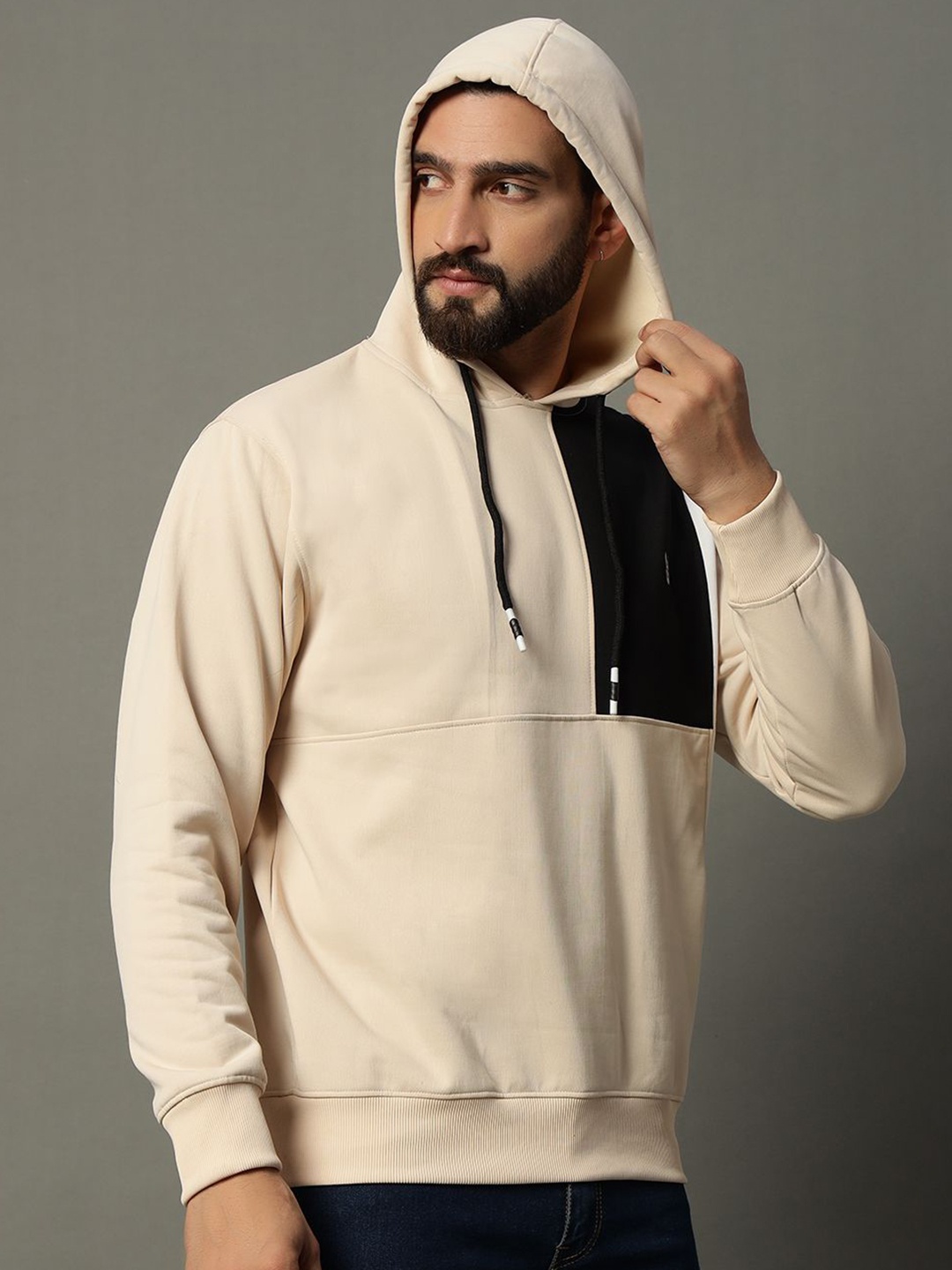 

STELVIN Men Colourblocked Hooded Sweatshirt, Beige