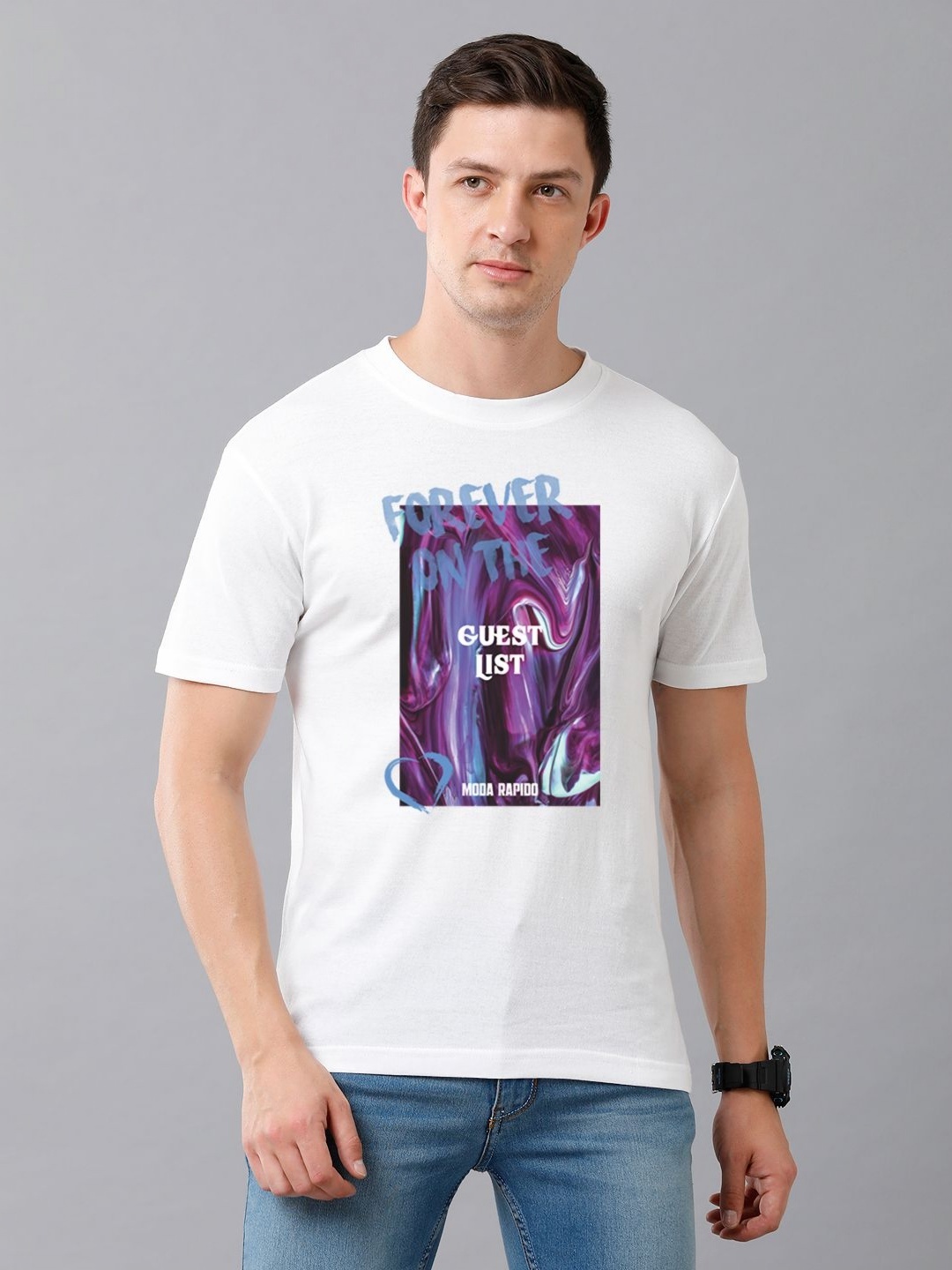

Moda Rapido Men Graphic Printed Round Neck Cotton T-shirt, White
