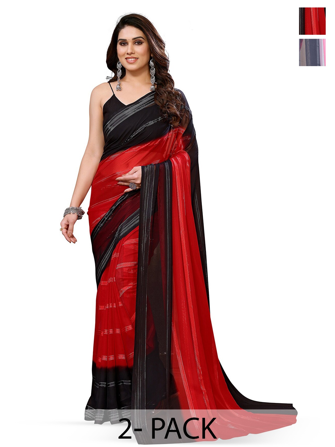 

Moda Rapido Set of 2 Striped Satin Sarees, Red