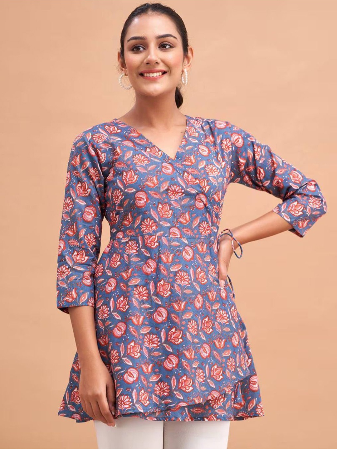 

Rangun Wrap Printed Floral Print Top, Blue