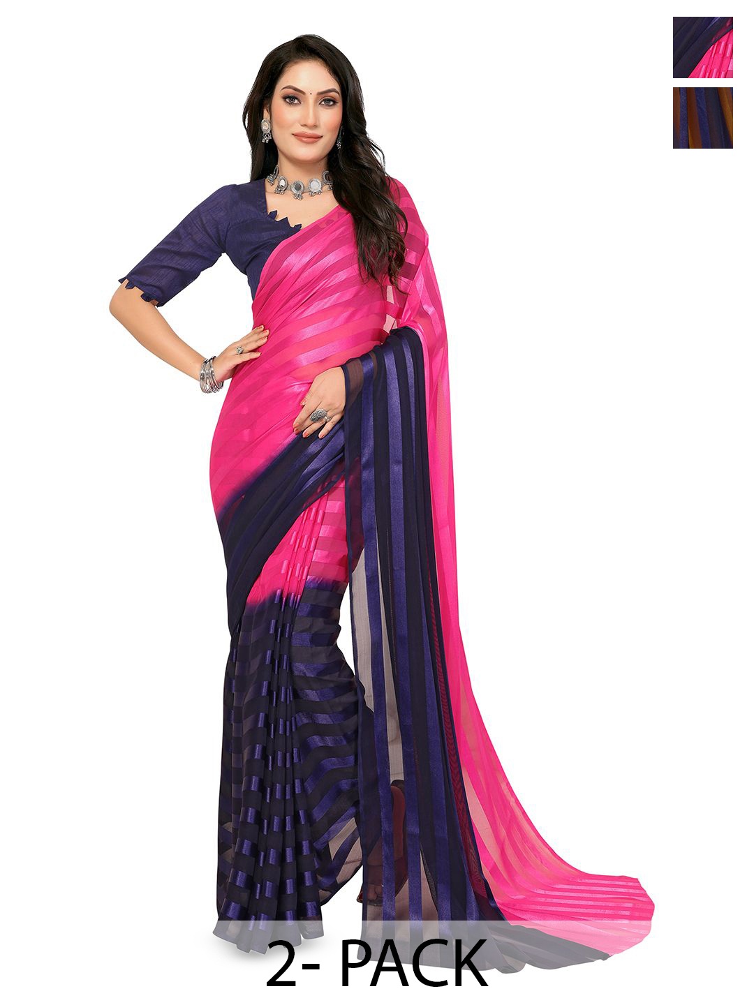 

Moda Rapido Set of 2 Striped Half and Half Sarees, Pink