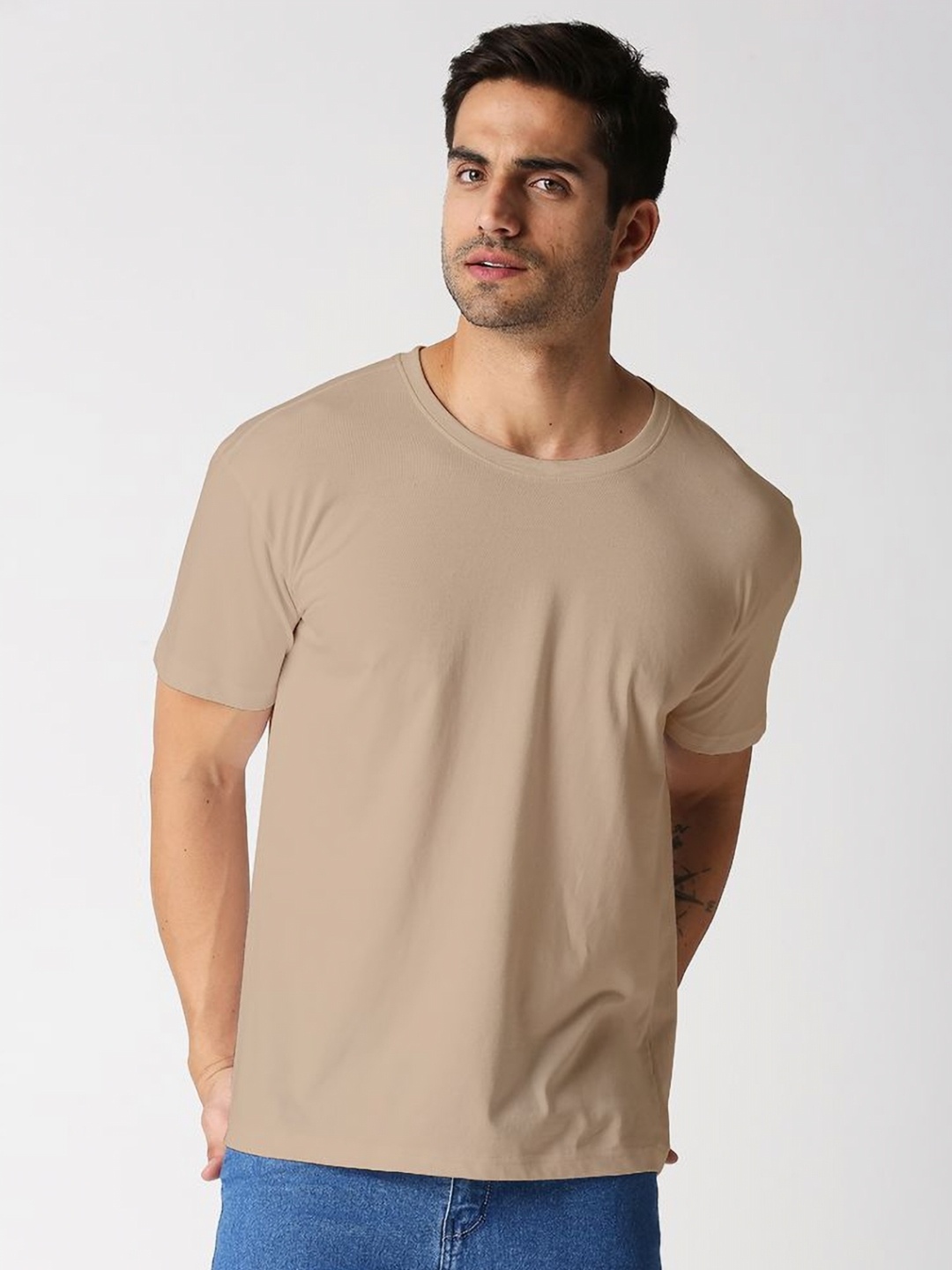 

Wear Your Opinion Men Solid Round Neck Cotton T-shirt, Beige