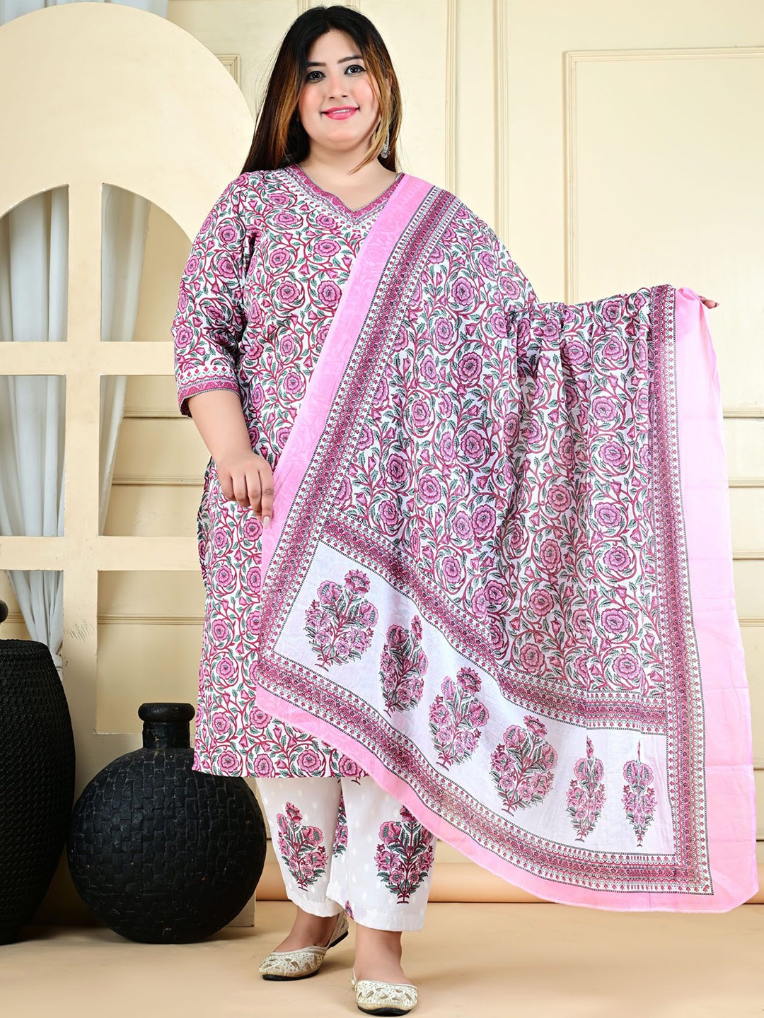 

L.H HANDICRAFTS Plus Size Floral Printed Pure Cotton Kurta With Trouser And Dupatta, Pink