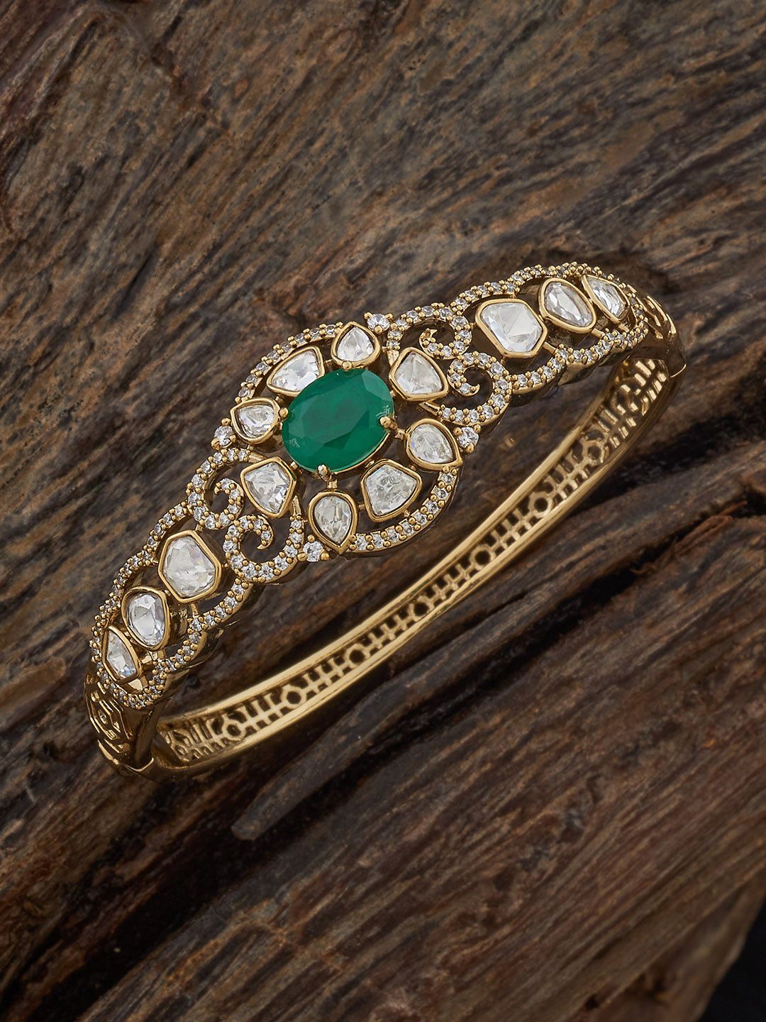

Kushal's Fashion Jewellery Green Victorian-Plated Cubic Zircon -Studded Bangle, Gold