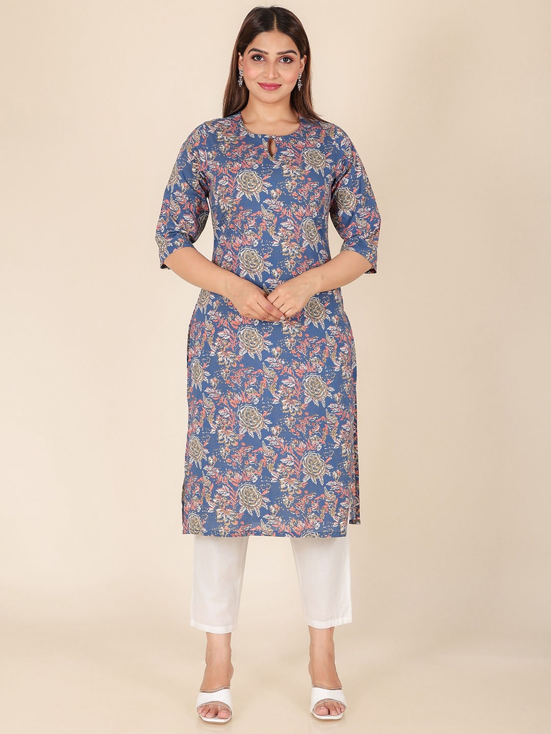 

Aramya Floral Printed Tie-Up Neck Pure Cotton Straight Kurta, Blue