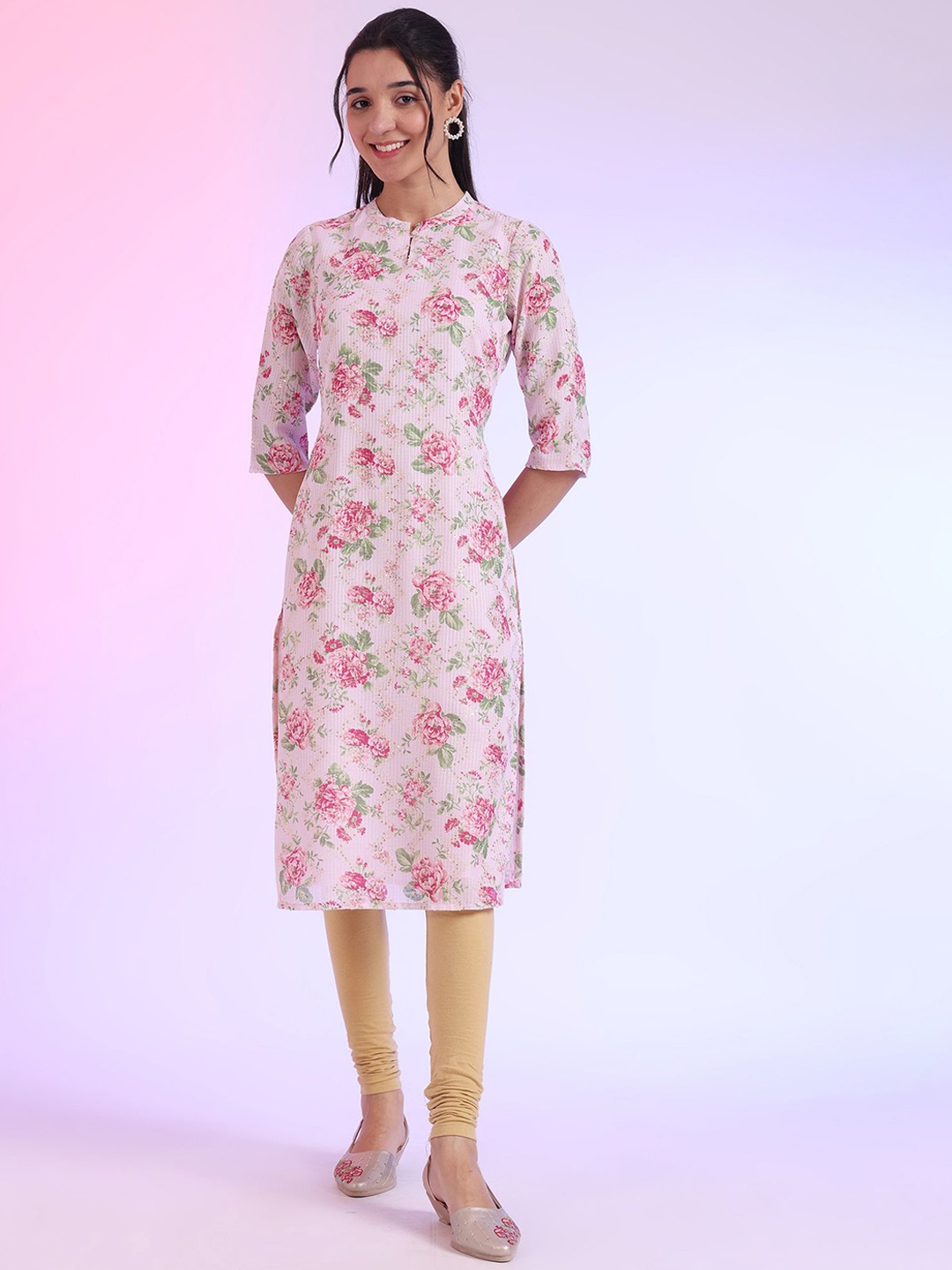 

AURELIA Floral Printed Mandarin Collar Thread Work Straight Kurta, Pink