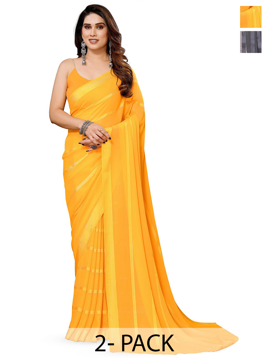 

Moda Rapido Set of 2 Striped Satin Sarees, Yellow