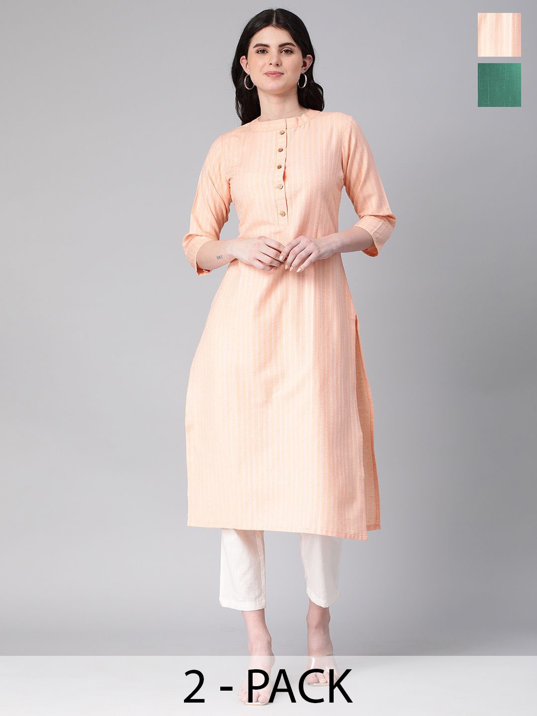 

KALINI Selection Of 2 Striped Round Neck Straight Kurtas, Peach