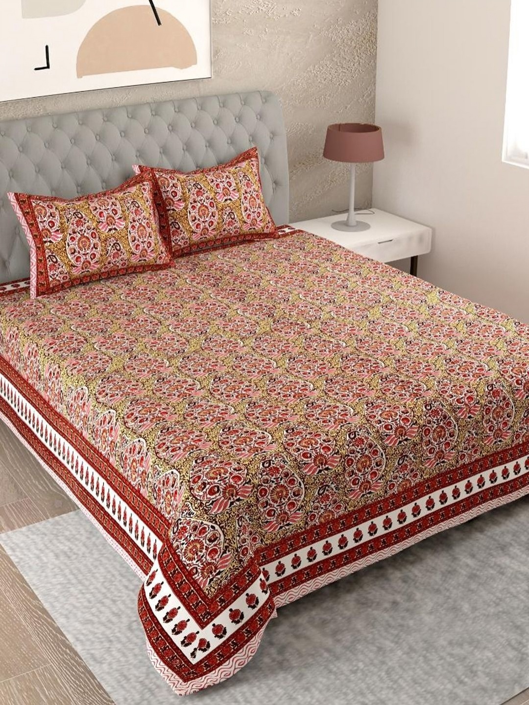 

Myntra Elegant Homes Maroon Printed Pure Cotton 180 TC King Bedsheet Set 2.74 m x 2.54m