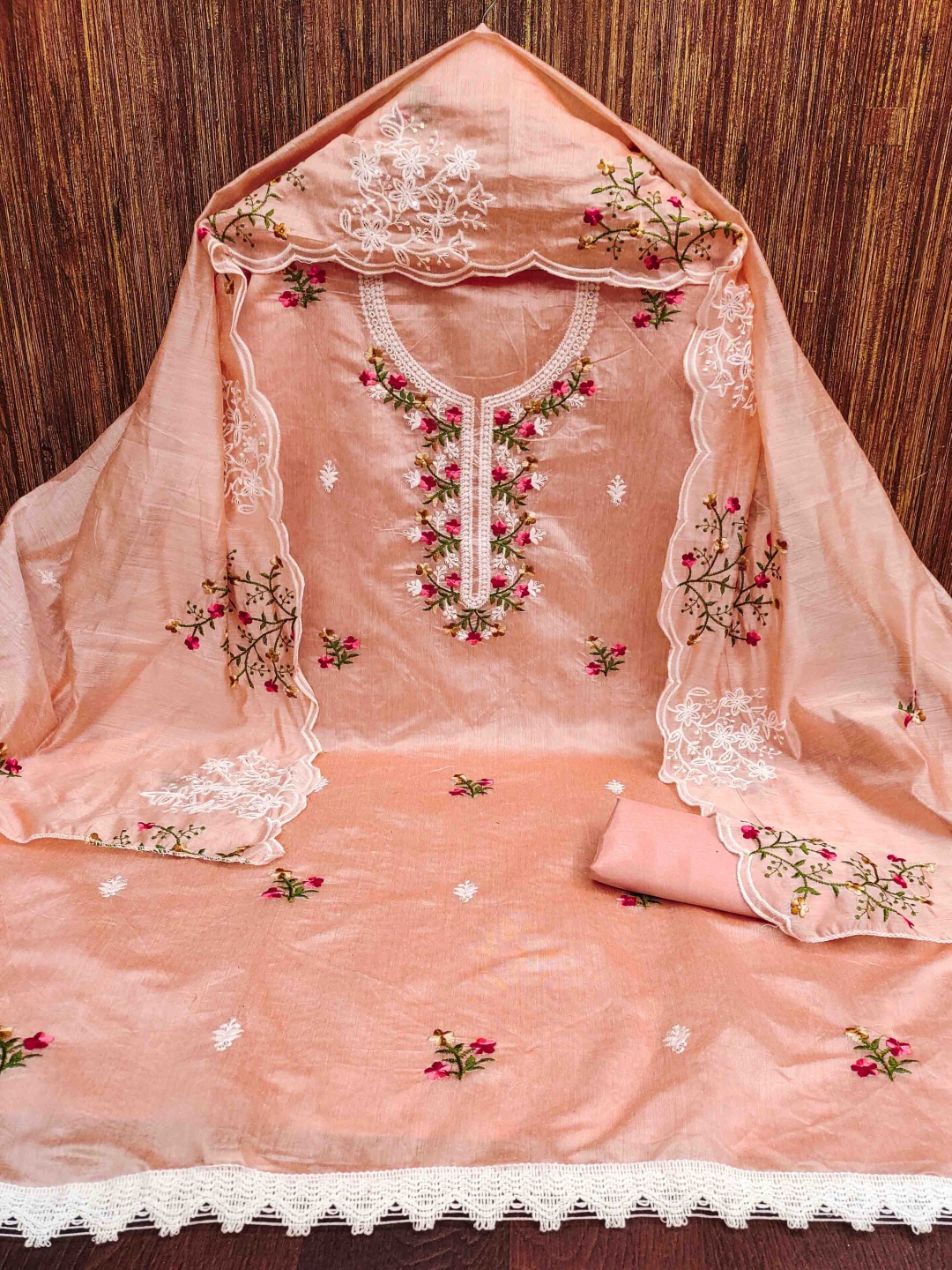 

KIMISHA Floral Embroidered Unstitched Dress Material, Peach