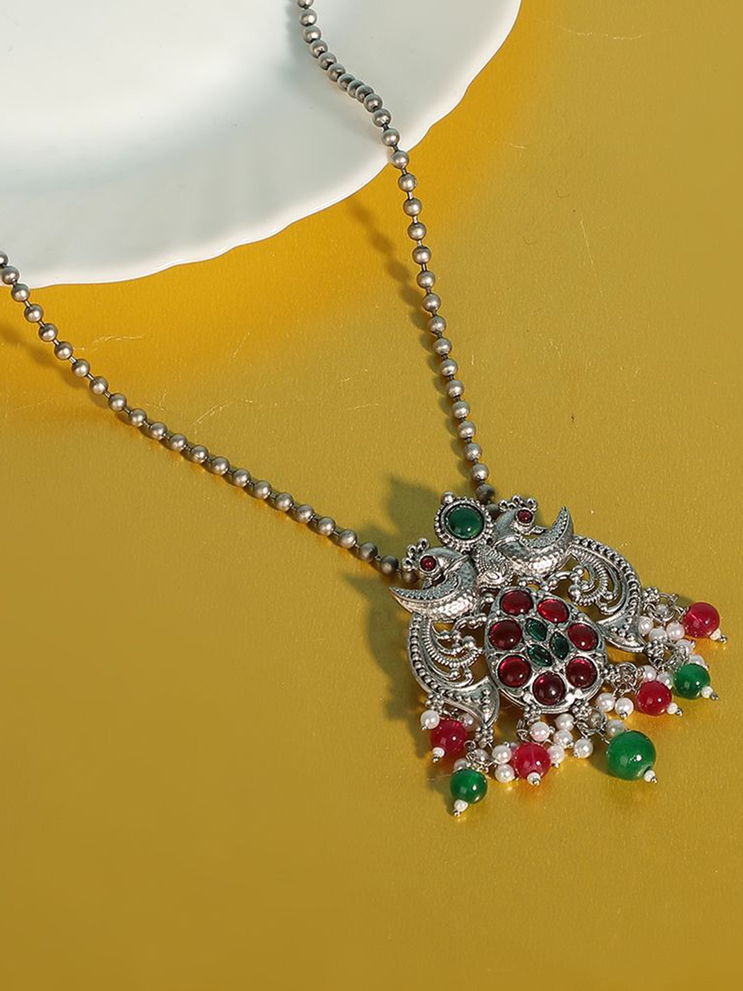 

Anouk Silver-Plated Artificial Beaded Peacock Shaped Oxidised Necklace
