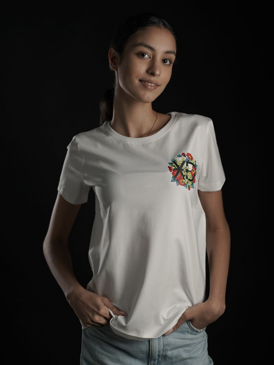 

EKSDEE Women Floral Printed Round Neck Cotton T-shirt, White