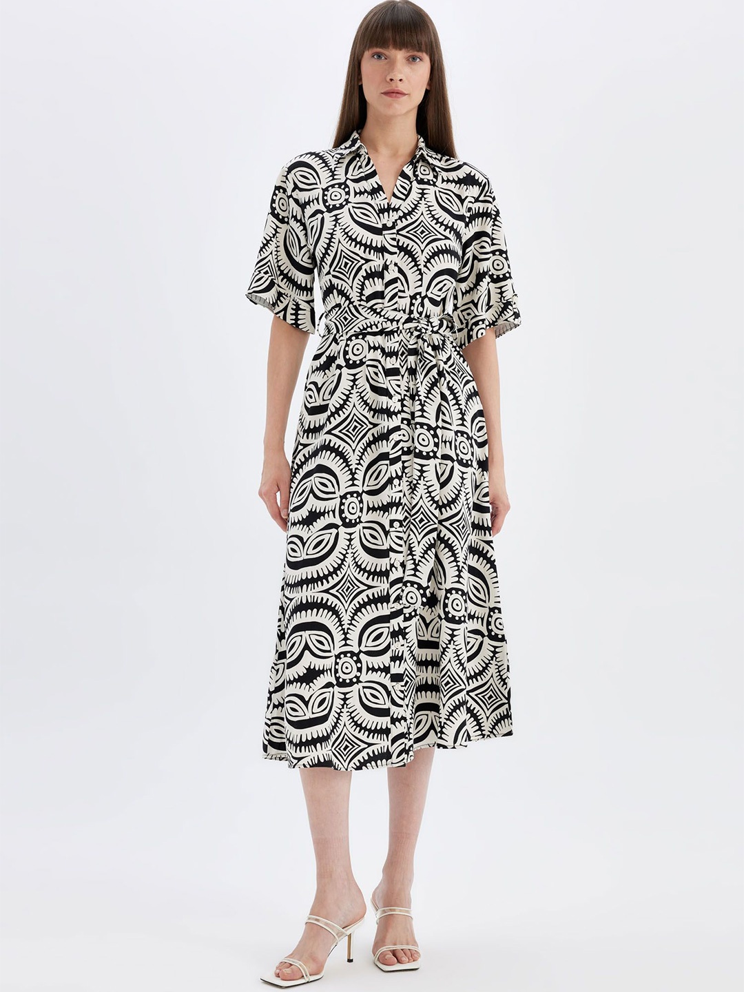 

DeFacto Ethnic Motifs Print Shirt Midi Dress, Na