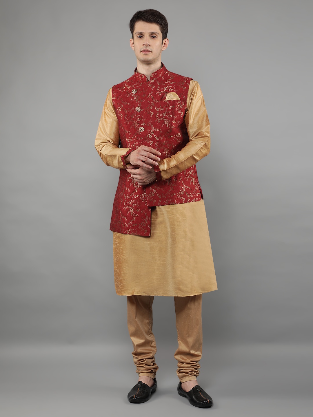 

Manish Creations Mandarin Collar Jacquard Straight Kurta With Churidar And Nehru Jacket, Beige