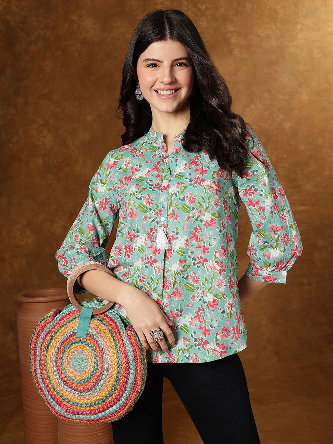 

KALINI Women Floral Printed Pure Cotton Shirt Style Top, Sea green