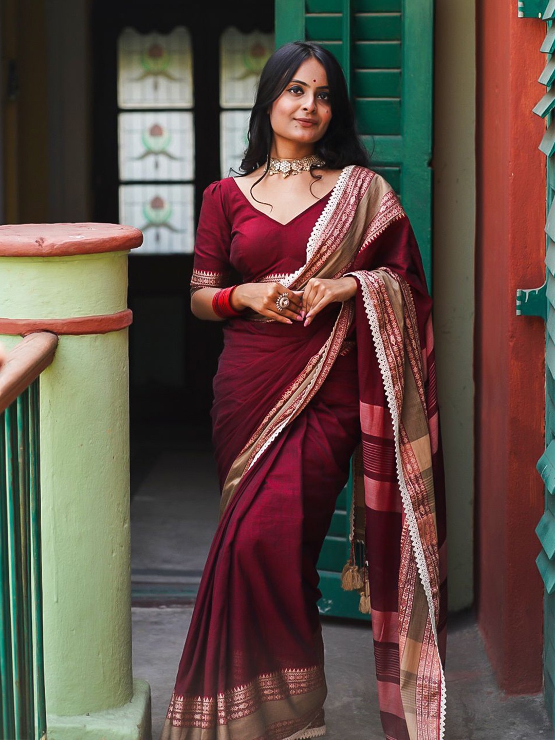 

MONRI Pure Cotton Saree, Maroon