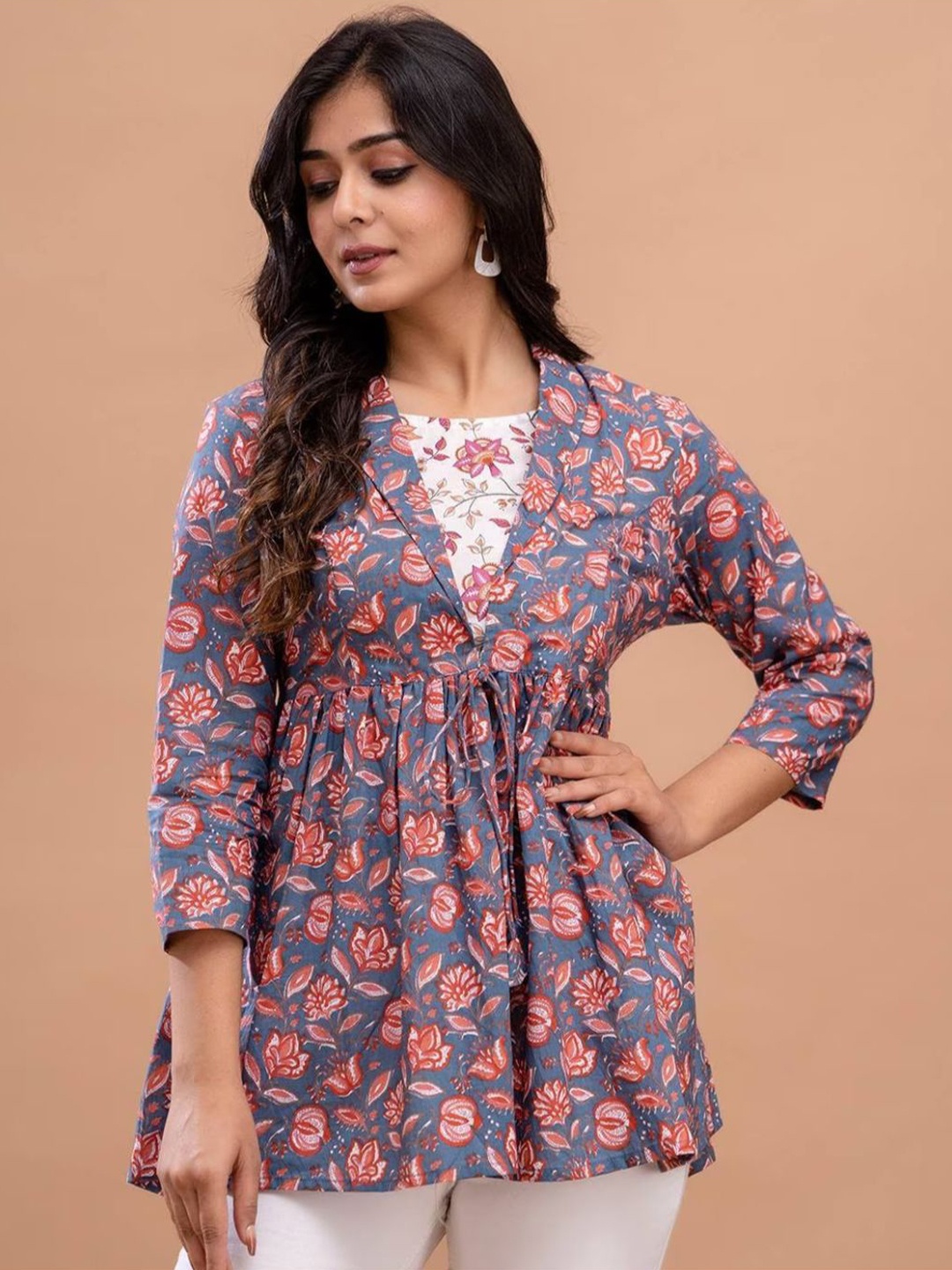 

Rangun Women Floral Printed Peplum Top, Blue