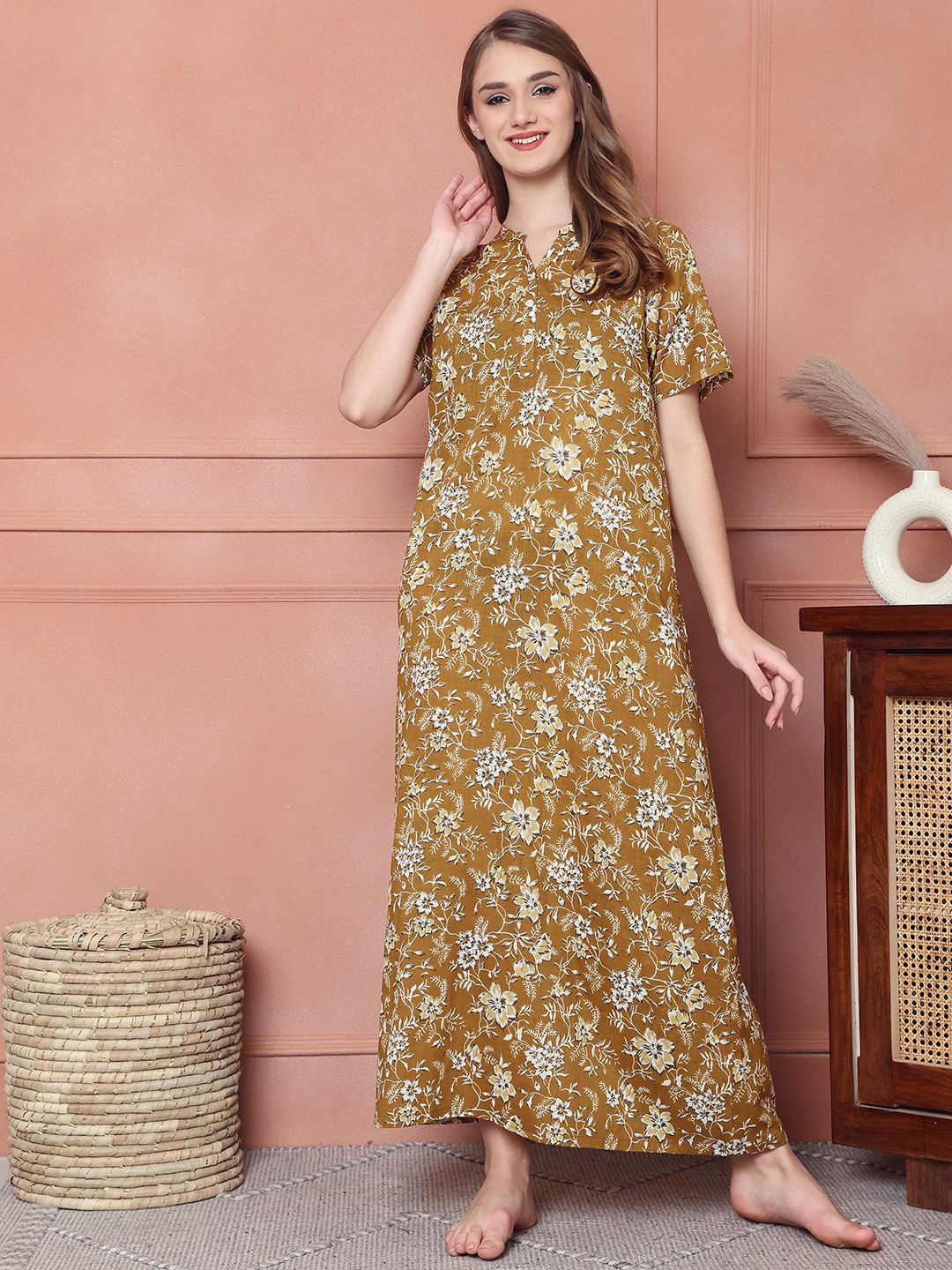 

Kanvin Printed Pure Cotton Maxi Nightdress, Mustard