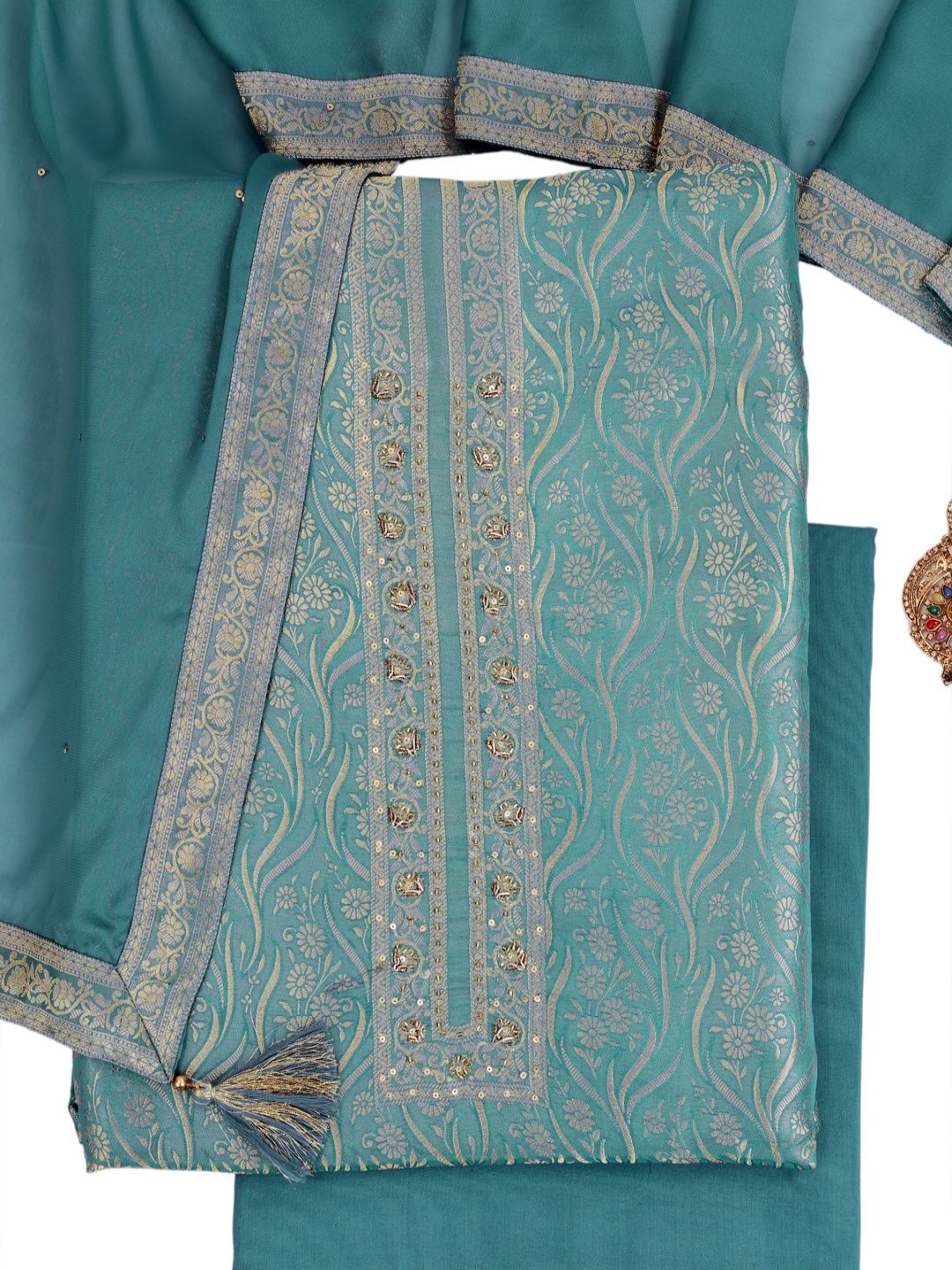 

KULEESH Floral Woven Design Beads And Stones Tissue Unstitched Dress Material, Blue
