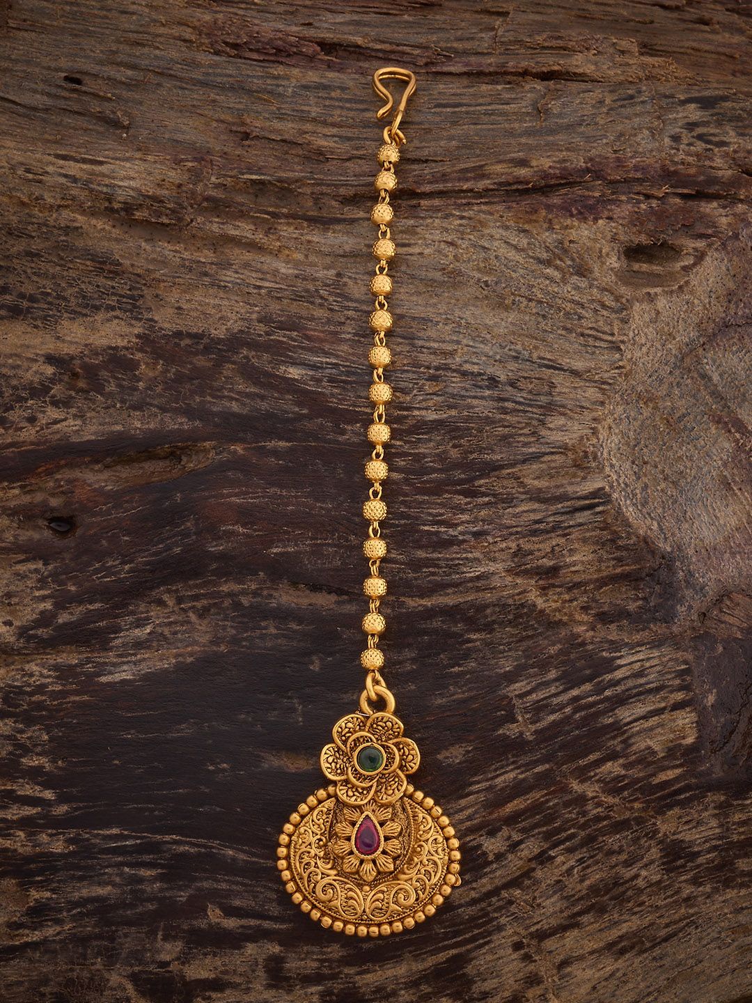 

Kushal's Fashion Jewellery Ruby-Green Gold-Plated Antique Maang Tikka Head Jewellery