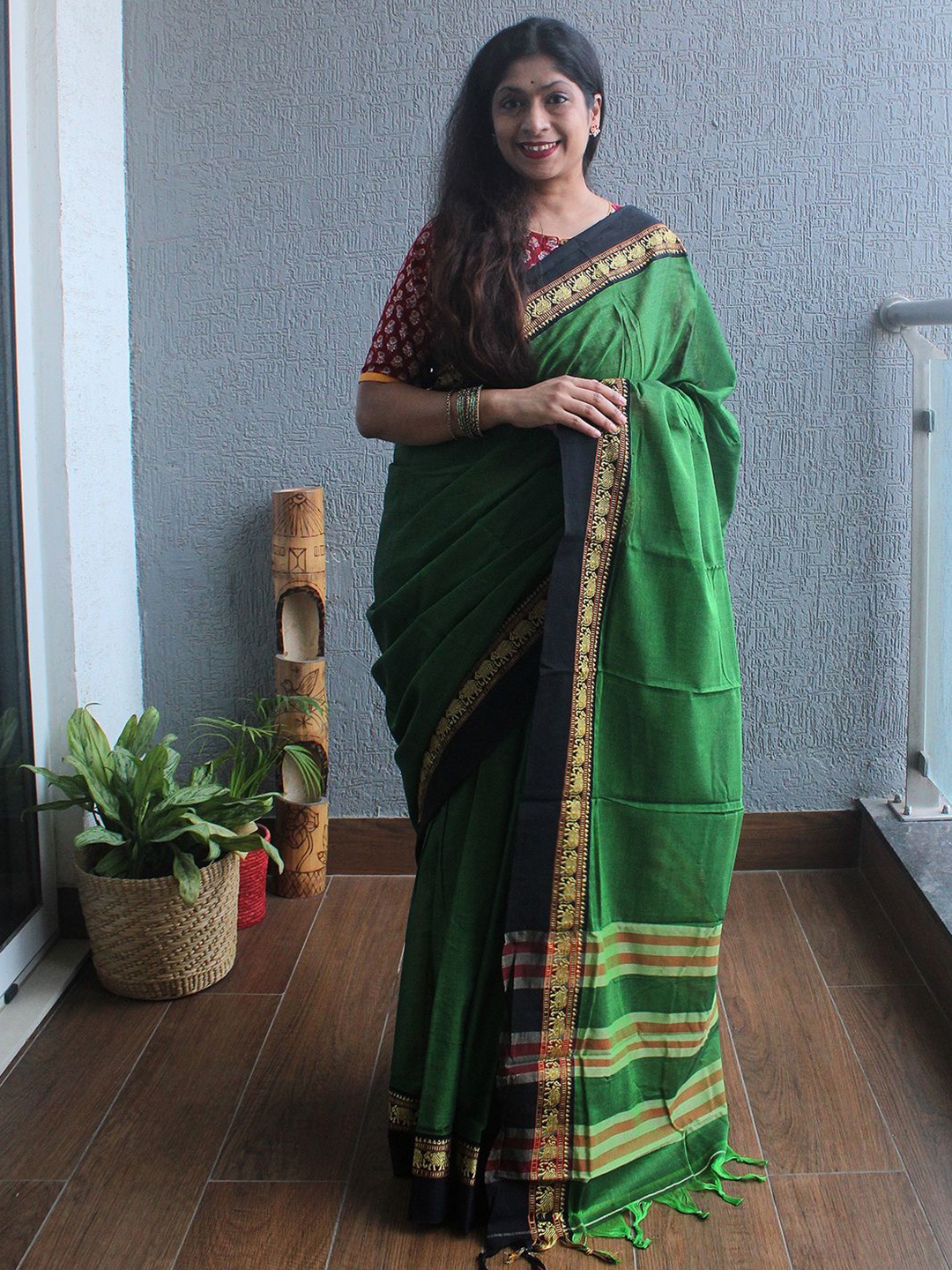 

Weaves of Tradition Pure Cotton Narayan Peth Saree, Green