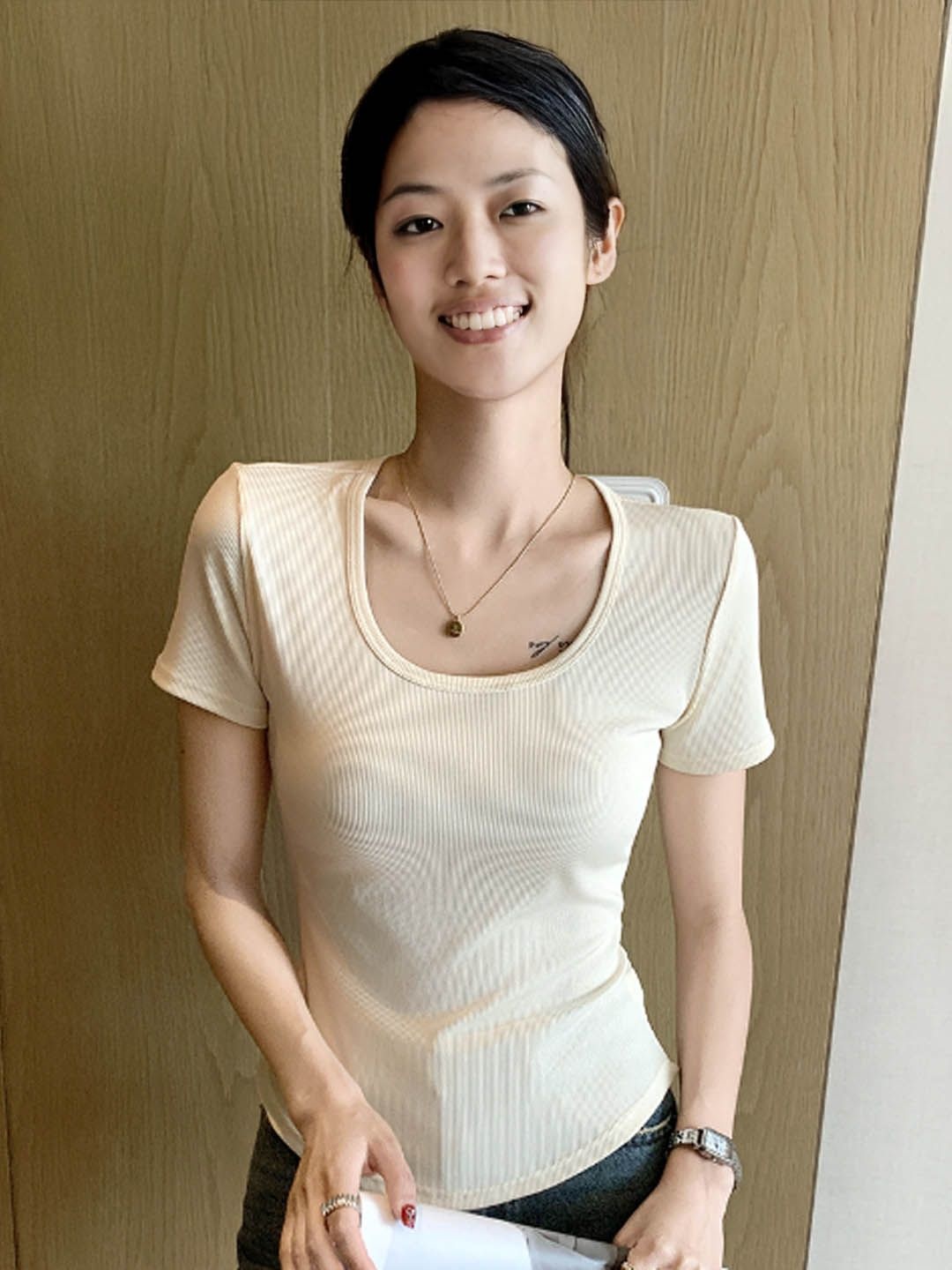 

StyleCast Ribbed Scoop Neck Top, Beige