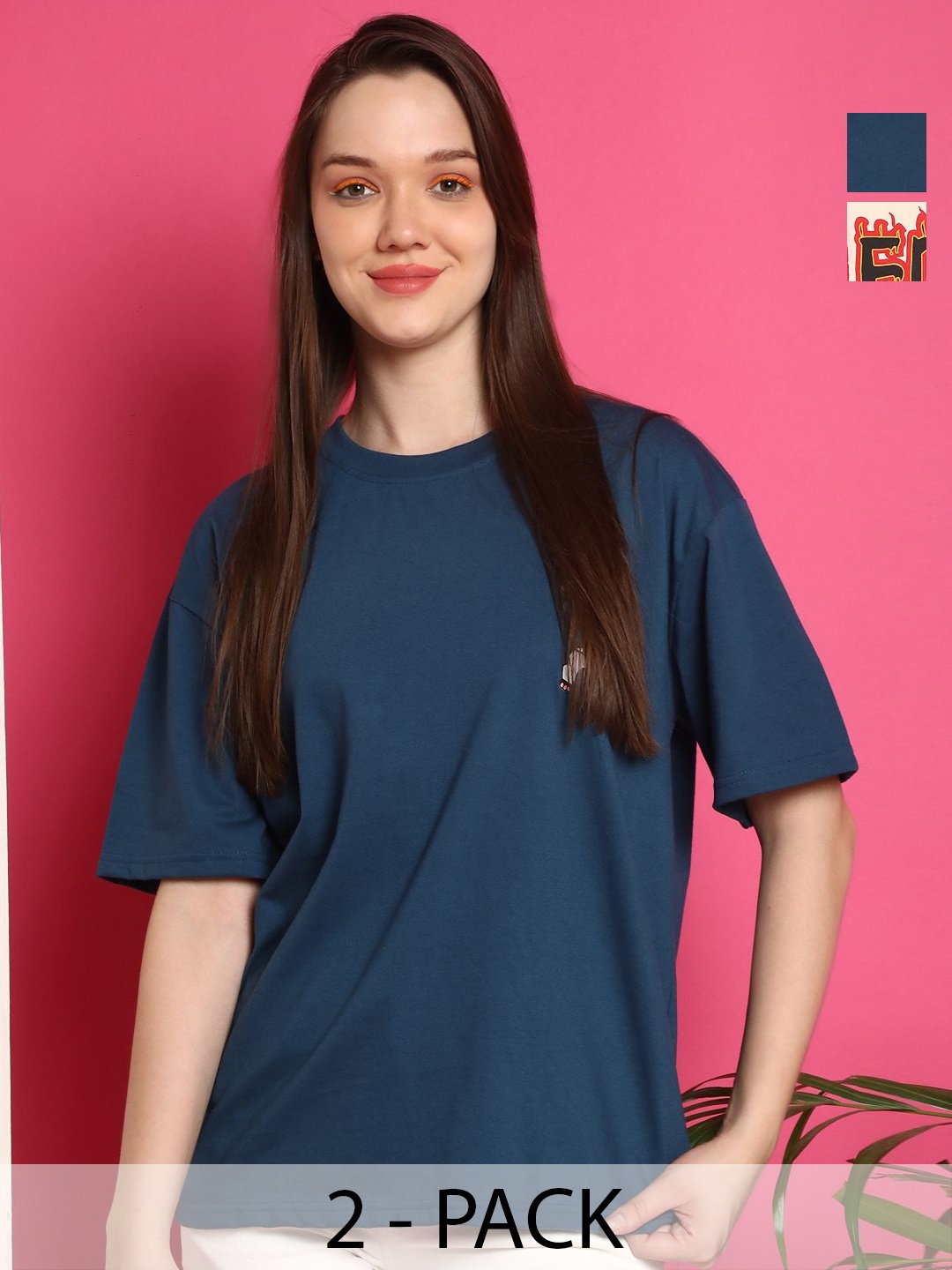 

Metronaut Women Pack Of 2 Graphic Printed Round Neck Cotton Oversized T-shirts, Navy blue