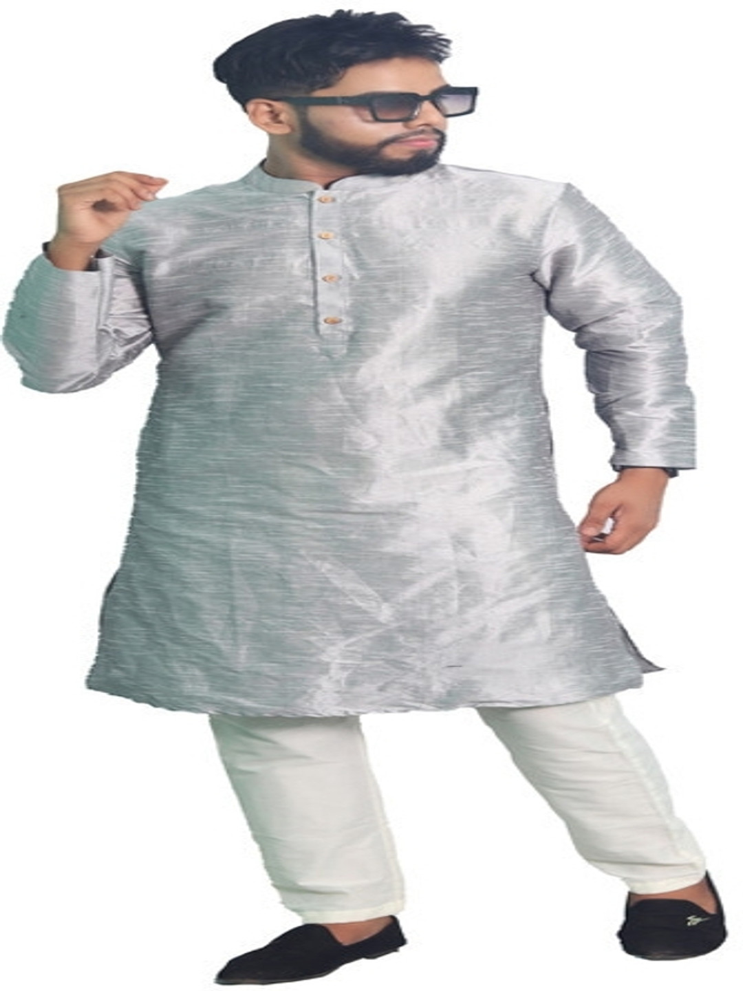 

House of Aqss Mandarin Collar Dupion Silk Straight Kurta With Pyjama, Silver