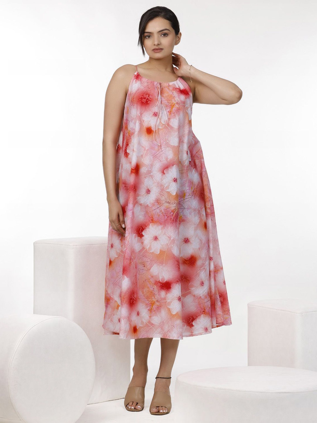

aaRVee STUDIO Floral Print Tie-Up Neck A-Line Midi Dress, Pink