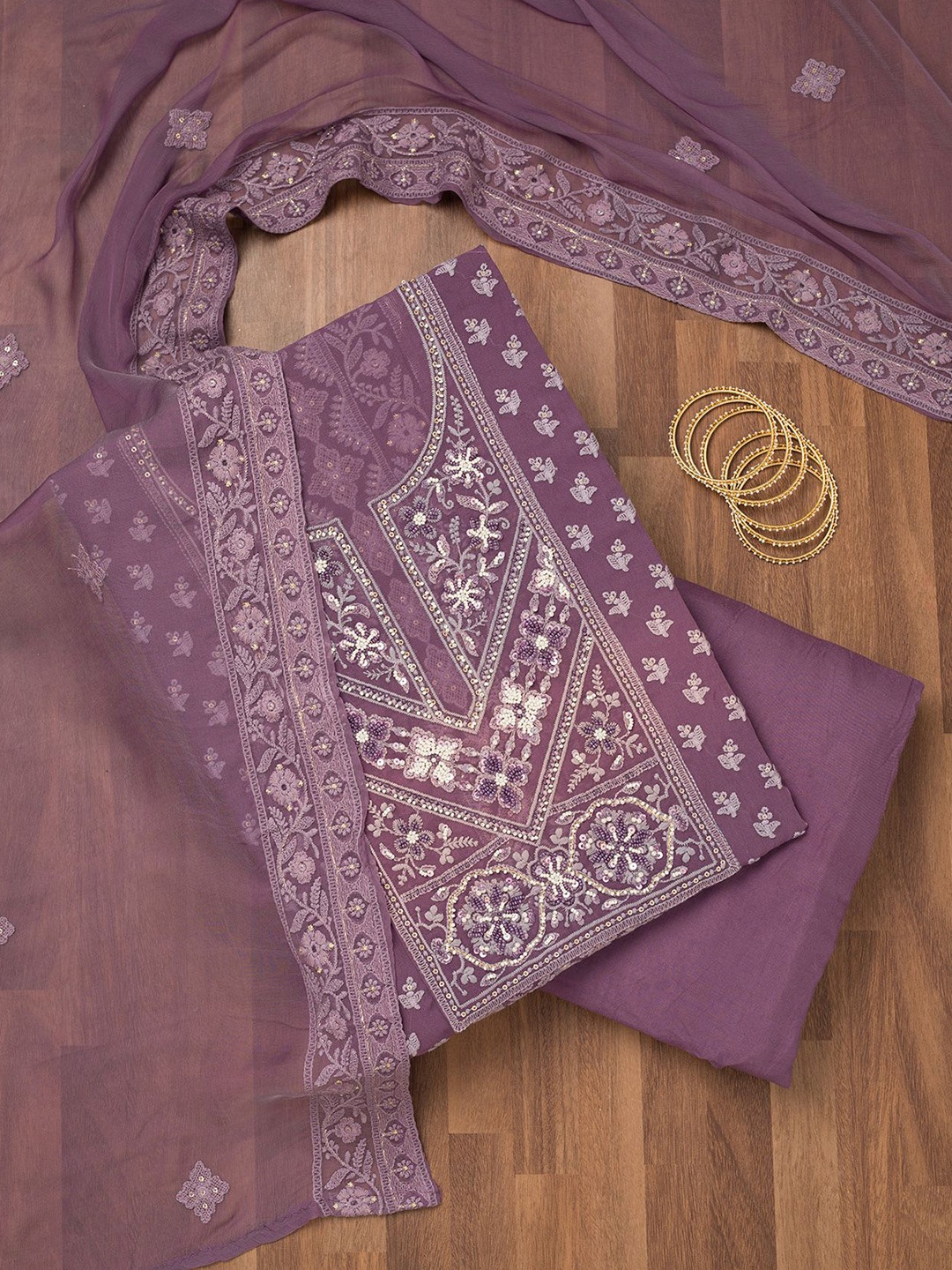 

Koskii Floral Embroidered Chikankari Unstitched Dress Material, Purple