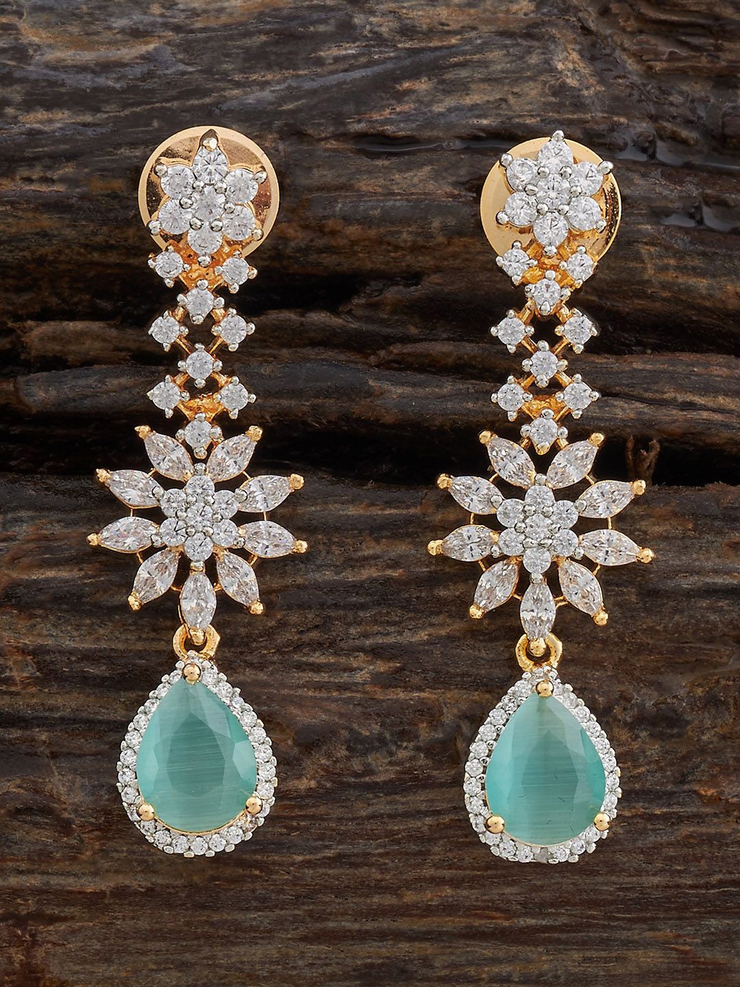 

Kushal's Fashion Jewellery Gold-Plated Teardrop Shaped Zircon Studded Drop Earrings