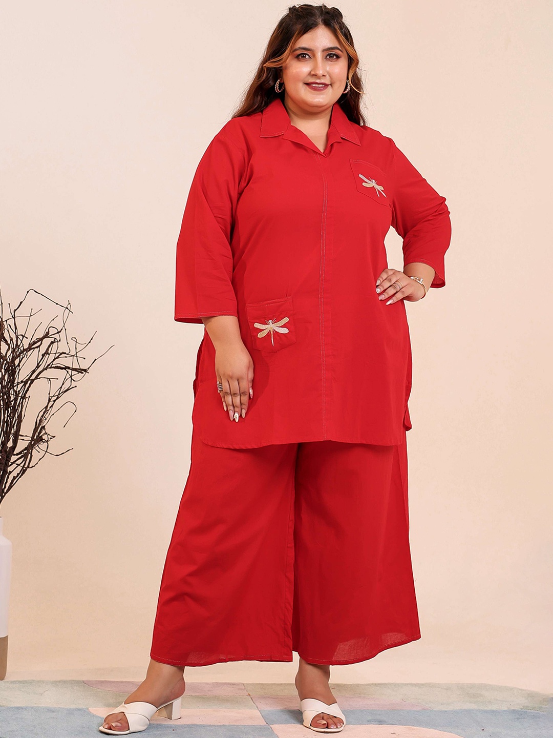 

LALI JAIPUR Plus Size Embroidered Shirt Collar Pure Cotton Tunic & Palazzo, Red