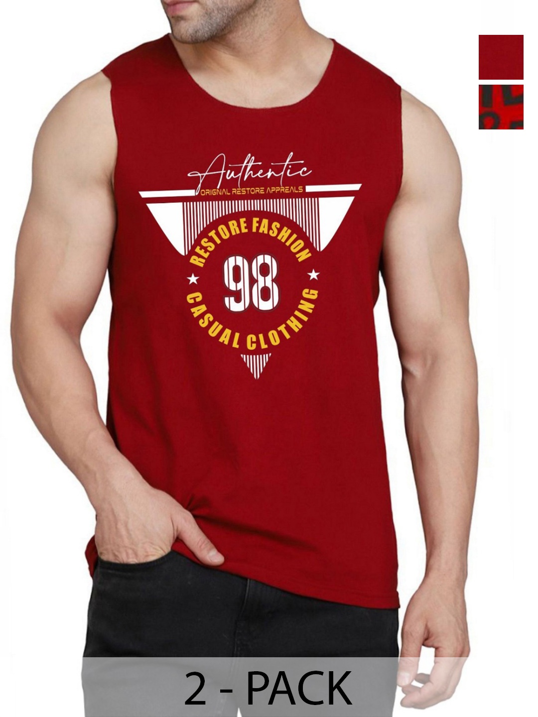 

WOOSTRO Men Pack Of 2 Typography Printed Round Neck Cotton Slim Fit T-shirts, Maroon