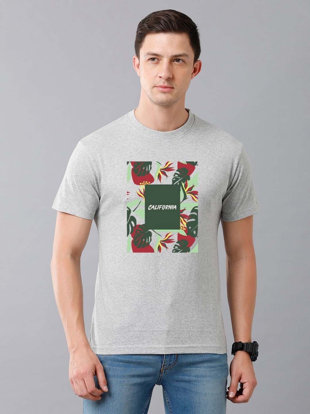 

Moda Rapido Men Graphic Printed Round Neck Cotton T-shirt, Grey melange
