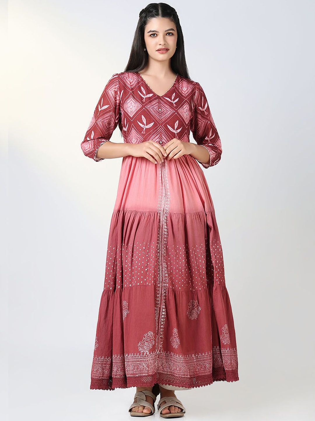 

SHOWOFF Ethnic Motifs Printed Tiered V-Neck Mirror Work Anarkali Kurtas, Pink