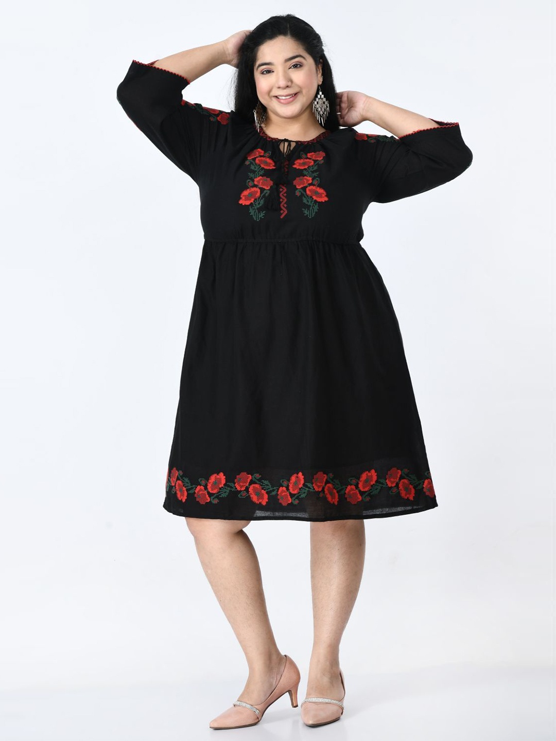 

VAAMII Floral Embroidered A-Line Dress, Black