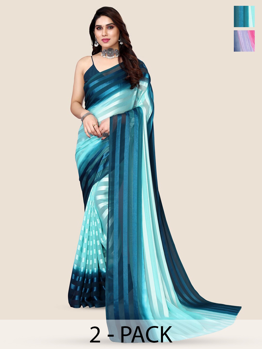

Moda Rapido Pack Of 2 Striped Satin Saree, Teal