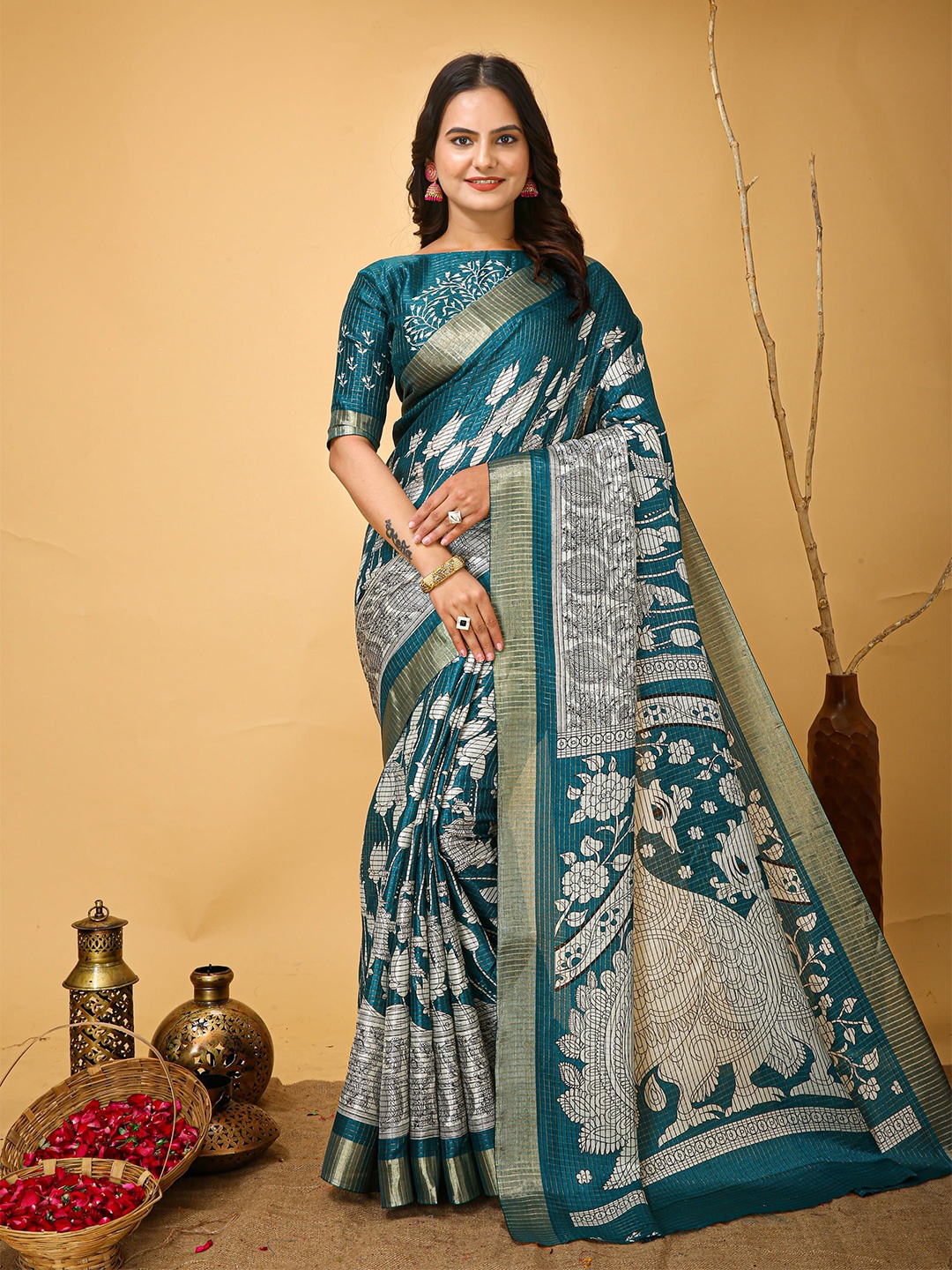 

KAYOMMI Floral Zari Pure Cotton Kanjeevaram Saree, Teal