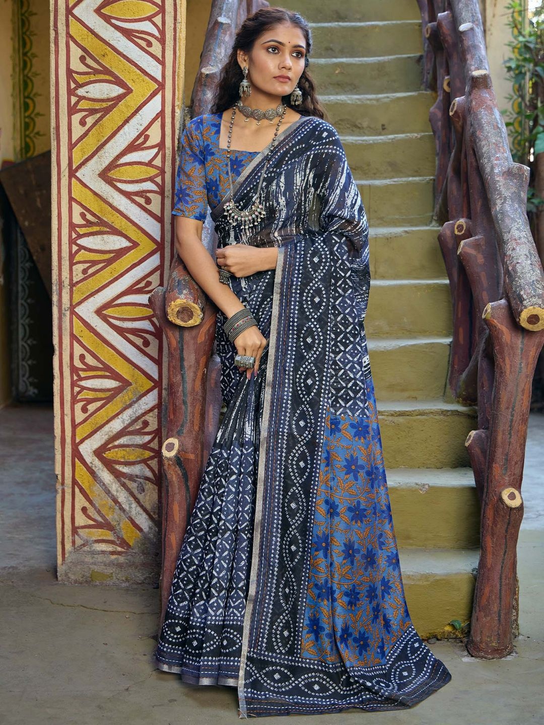 

KALINI Kantha Work Block Print Saree, Grey