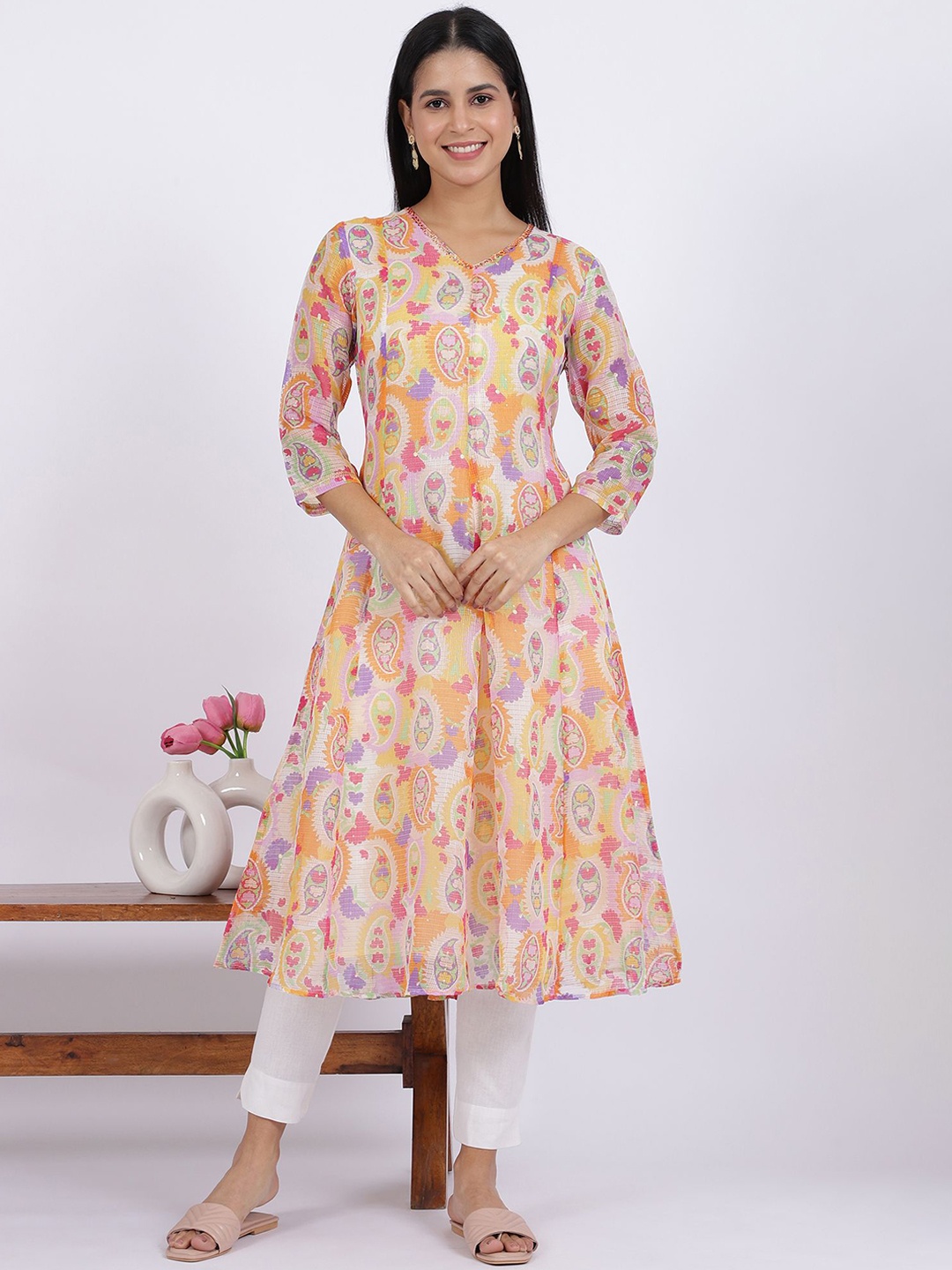 

W Floral Printed V-Neck Thread Work Kota Doria Anarkali Kurta, Orange