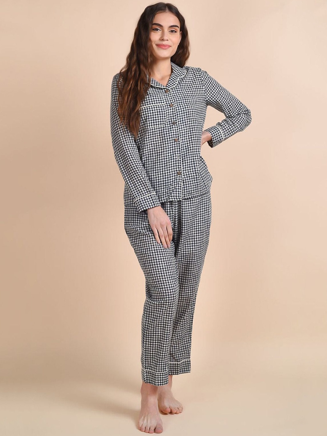 

HOUSE OF S Women Checked Night suit, Grey