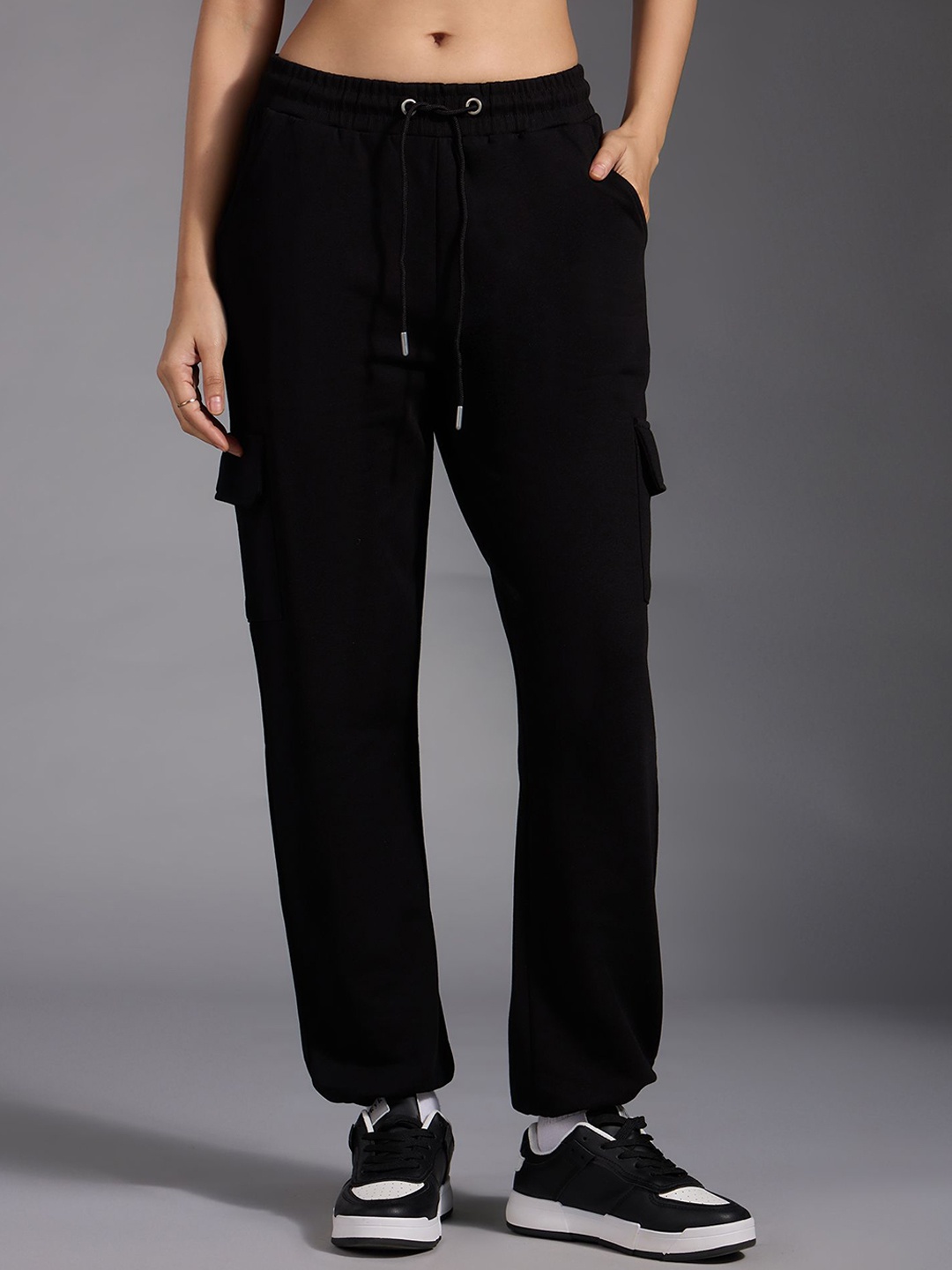 

20Dresses Women Pure Cotton High Waist Cargo Pockets Track Pants, Black