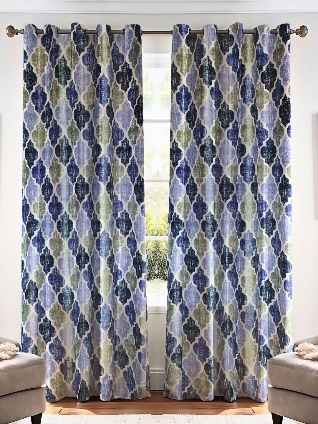 

Kanodia Poly Fab Blue & White Set of 2 Geometric Room Darkening Door Curtain